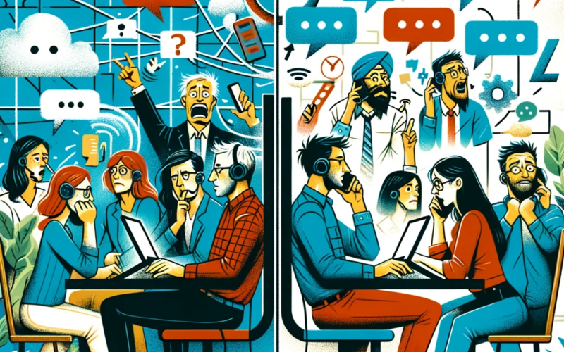 One side depicts a team struggling with miscommunication in a remote setting while the other side shows the same team communicating effectively in a virtual meeting