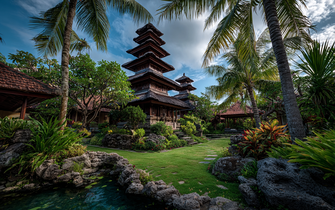 Symbolism as a Design Strategy A serene Balinese garden featuring a multi-tiered traditional structure, palm trees, and landscaped paths.