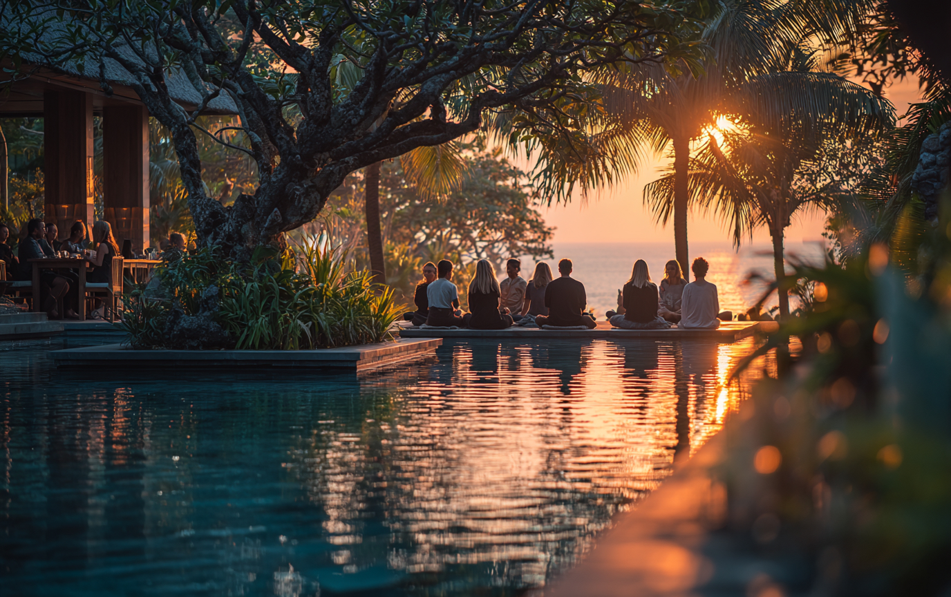 The Art of Listening Team members practicing mindful listening and reflection during a sunset session at a Bali retreat