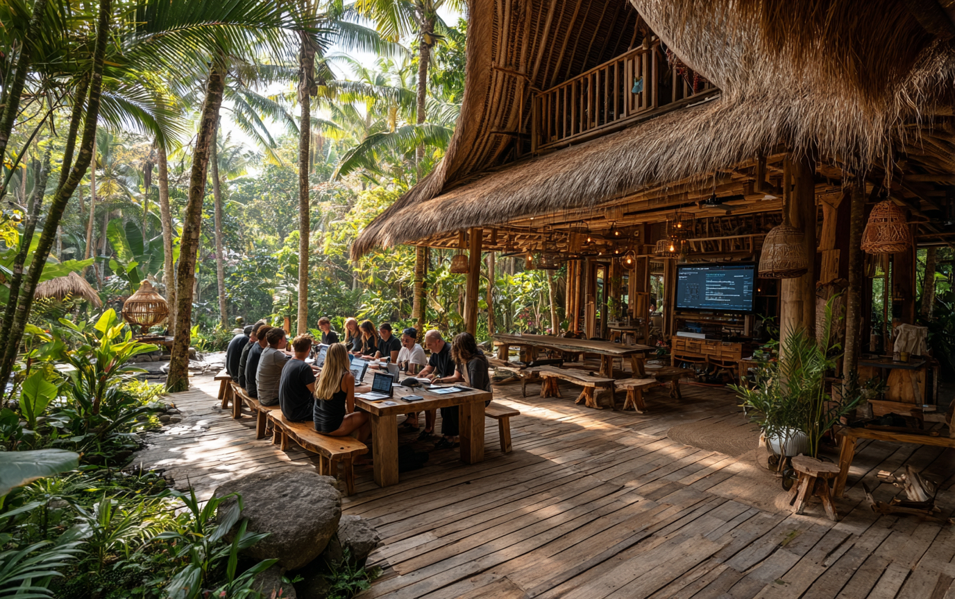 The Power of Storytelling in Team Development Corporate team participating in a storytelling and communication workshop surrounded by Bali’s tropical nature