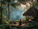 Participants sit in a circle in a lush jungle clearing, listening to a facilitator near a rustic hut during an outdoor leadership session.