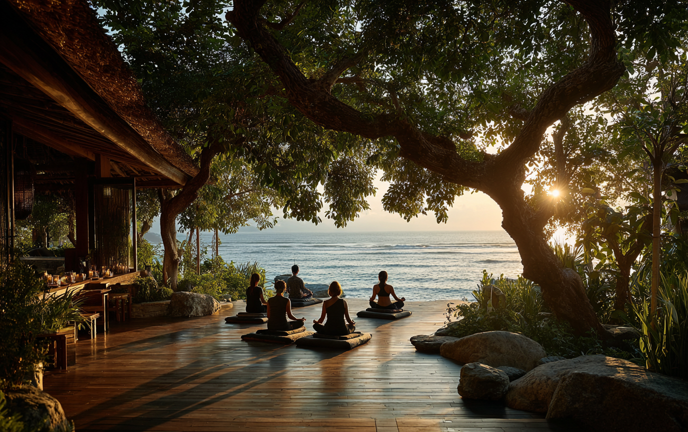 Why Wellness-Based Team Building Matters for Modern Teams A team meditating together by the ocean at sunset, highlighting the importance of wellness-based team building.
