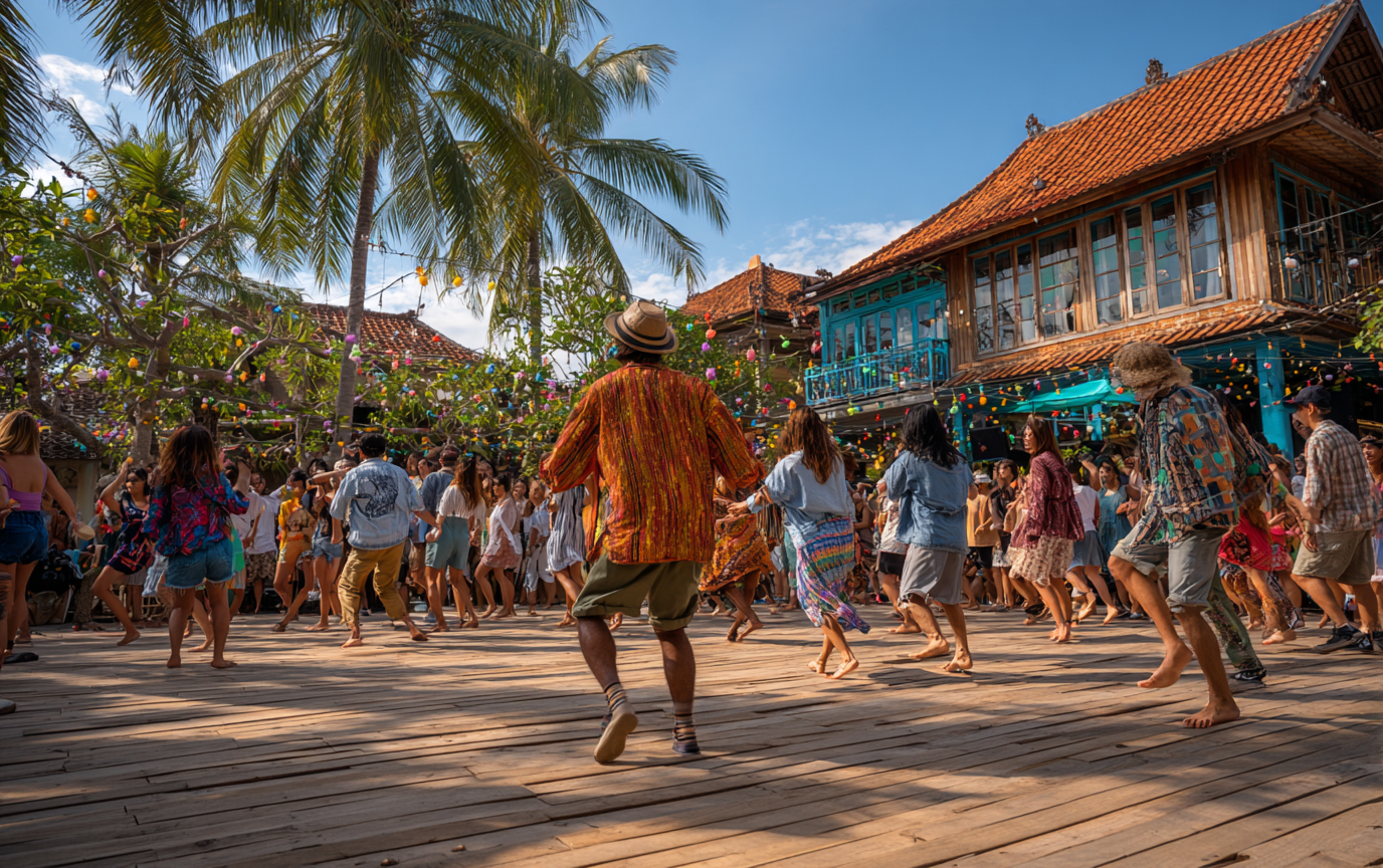Dance as a Practice of Synchronization and Awareness Large group dancing outdoors in a cultural setting, developing synchronization, awareness, and team energy.