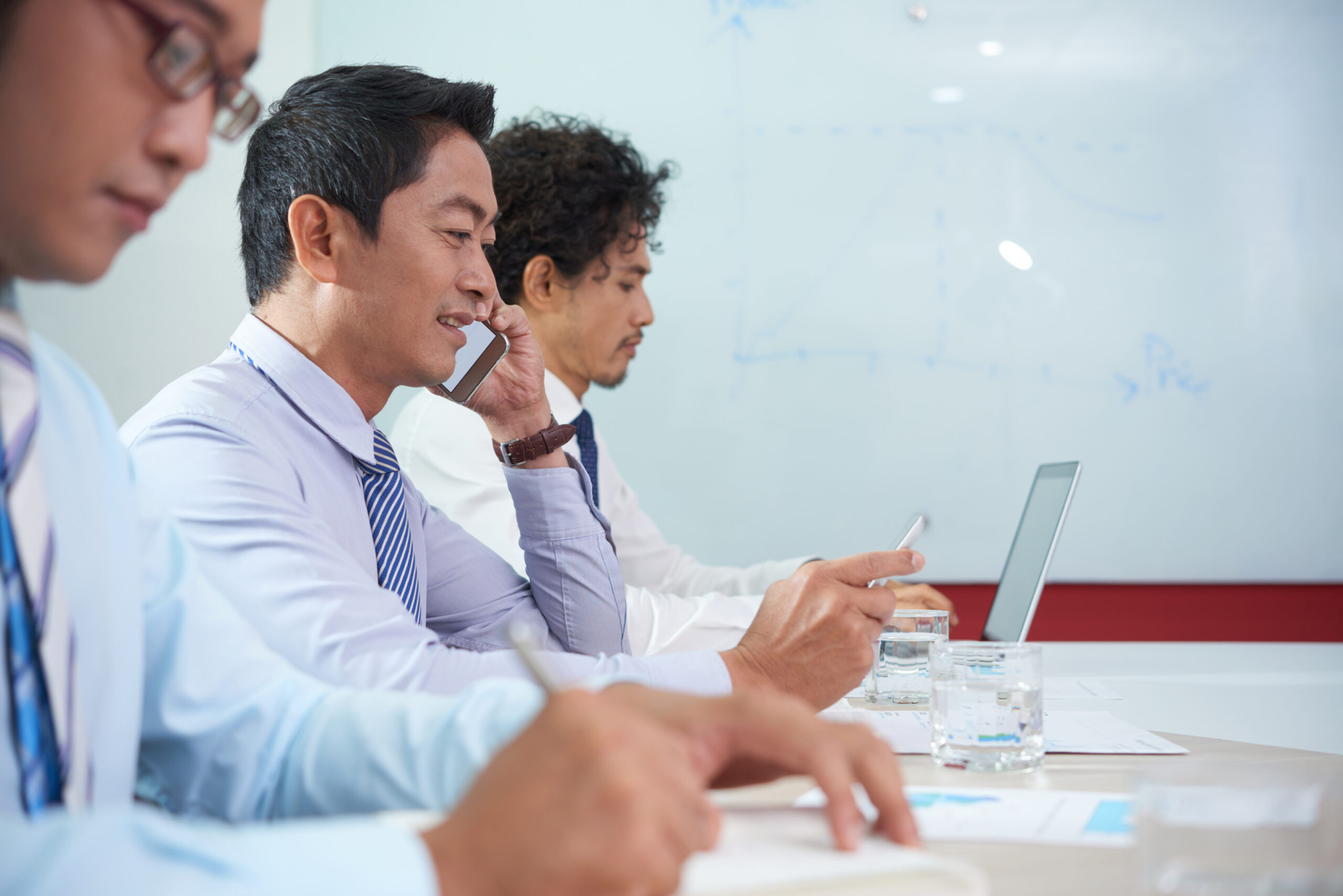 Business executive having phone call Delegate flow speaker management and supplier coordination