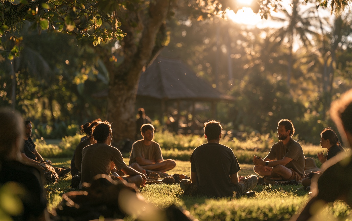 Mindful Collaboration Creates a Different Team Rhythm Corporate group practicing mindful collaboration during an outdoor team building experience in Bali
